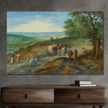 Un Paesaggio Panoramico Con Un Carro Coperto E Viaggiatori Su Una Strada Maestra Jan Brueghel The Elder jbe3 quadro stampato su