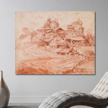 Villaggio Fortificato Con Un Mastio E Una Chiesa Jean-Antoine Watteau jaw9 quadro stampato su tela
