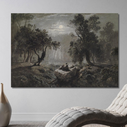 Un Paesaggio Forestale Romantico Al Chiaro Di Luna Oswald Achenbach oac15 quadro stampato su tela