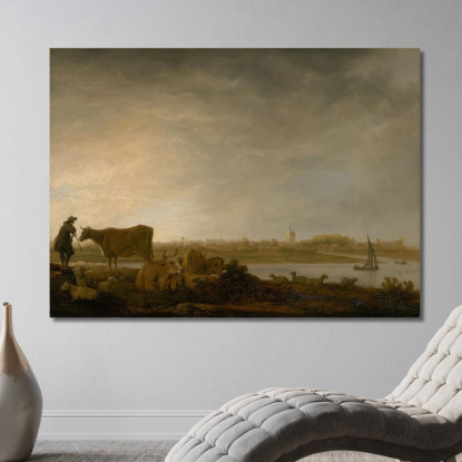 Una Veduta Di Vianen Con Un Mandriano E Bestiame Vicino A Un Fiume Aelbert Cuyp acu5 quadro stampato su tela