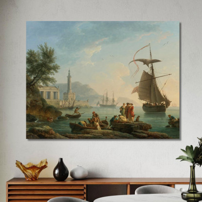 Un Porto Mediterraneo Al Tramonto Con Pescatori Claude-Joseph Vernet cjv5 quadro stampato su tela