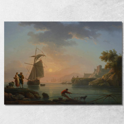 Porto Mediterraneo Al Tramonto Con Un Pescatore In Primo Piano Claude-Joseph Vernet cjv20 quadro stampato su tela