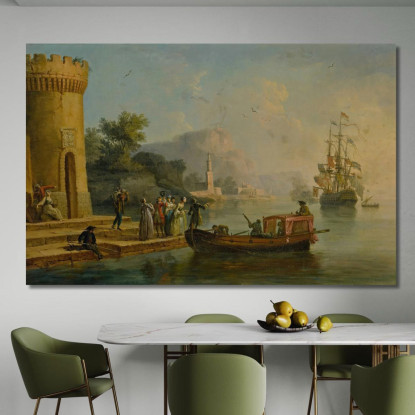 Veduta Di Un Porto Mediterraneo Con Un Gruppo Di Figure Sulla Riva E Una Grande Nave Sullo Sfondo Claude-Joseph Vernet cjv40 qu