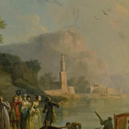 Veduta Di Un Porto Mediterraneo Con Un Gruppo Di Figure Sulla Riva E Una Grande Nave Sullo Sfondo Claude-Joseph Vernet cjv40 qu