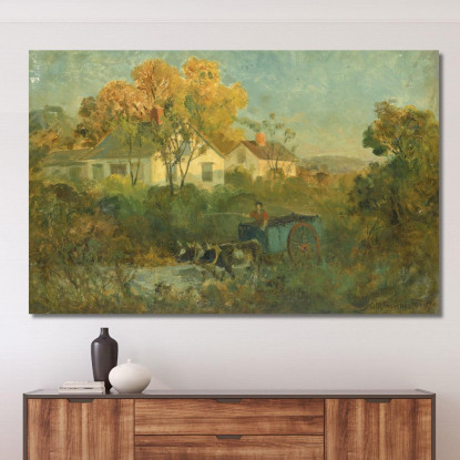 L'Abbeveratoio: Uomo Su Carro Con Buoi Al Pozzo Edward Mitchell Bannister emb34 quadro stampato su tela