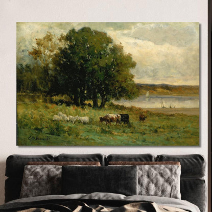 Bestiame Vicino Al Fiume Con Barca A Vela In Lontananza Edward Mitchell Bannister emb39 quadro stampato su tela
