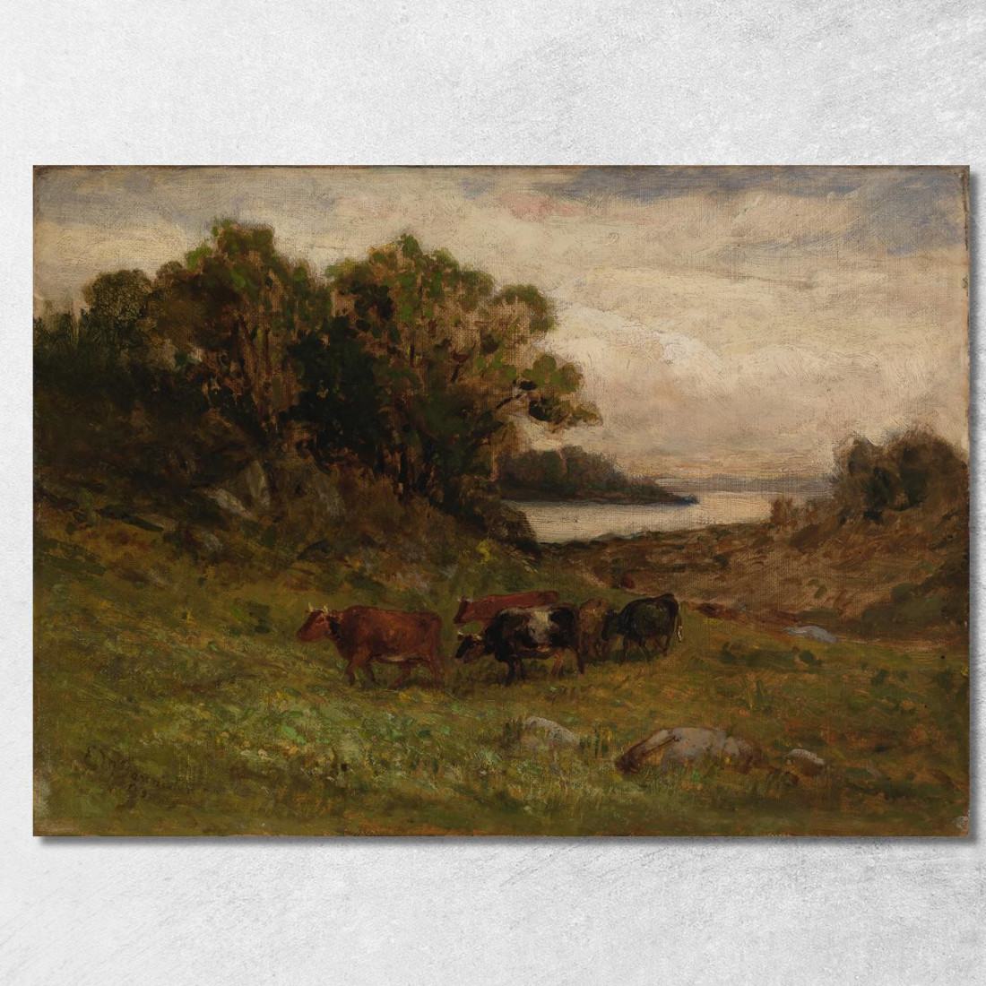 Cinque Mucche Al Pascolo Con Alberi E Fiume Sullo Sfondo Edward Mitchell Bannister emb40 quadro stampato su tela Cinque Mucche Al Pascolo Con Alberi E Fiume Sullo Sfondo Edward Mitchell Bannister emb40 quadro stampato su tela