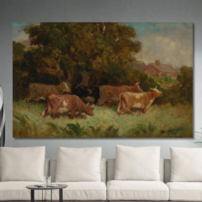 Cinque Mucche Al Pascolo Tetto Sullo Sfondo Edward Mitchell Bannister emb42 quadro stampato su tela