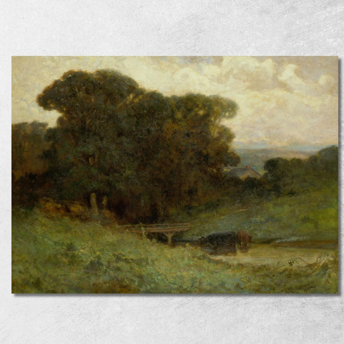 Scena Forestale Con Ponte Mucche Nel Ruscello In Primo Piano Edward Mitchell Bannister emb44 quadro stampato su tela