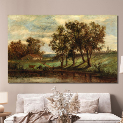 Uomo Con Mucche Al Pascolo Vicino Allo Stagno Con Casa E Alberi Sullo Sfondo Edward Mitchell Bannister emb61 quadro stampato su