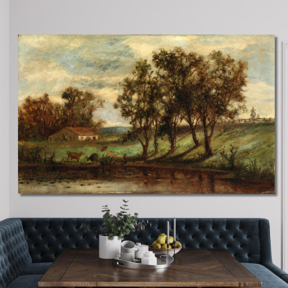 Uomo Con Mucche Al Pascolo Vicino Allo Stagno Con Casa E Alberi Sullo Sfondo Edward Mitchell Bannister emb61 quadro stampato su
