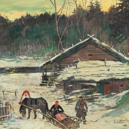 Cacciatore Che Parla Con Una Donna In Una Slitta Konstantin Alexeevich Korovin kak2 quadro stampato su tela