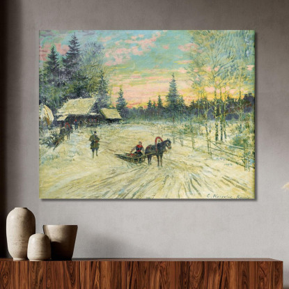 Giovane Donna Su Una Slitta Che Si Allontana Da Un Cacciatore Konstantin Alexeevich Korovin kak9 quadro stampato su tela