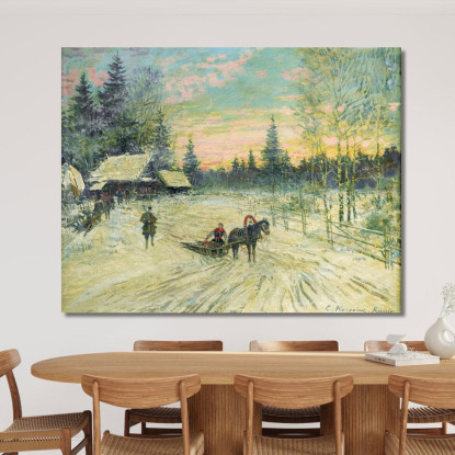 Giovane Donna Su Una Slitta Che Si Allontana Da Un Cacciatore Konstantin Alexeevich Korovin kak9 quadro stampato su tela