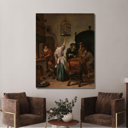 Interno Con Una Donna Che Dà Da Mangiare A Un Pappagallo Noto Come 'La Gabbia Del Pappagallo' Jan Steen jsn34 quadro stampato s