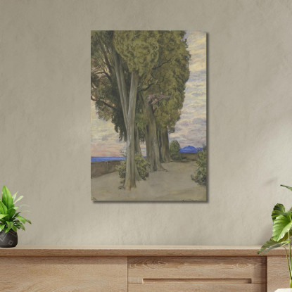 Cipressi Nella Villa D'Este Sotto Le Chiome Degli Alberi Una Danza Di Tre Putti Hans Thoma hth89 quadro stampato su tela