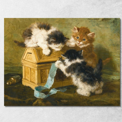 Tre Gattini Con Una Scatola E Un Nastro Blu Henriëtte Ronner-Knip hrk26 quadro stampato su tela