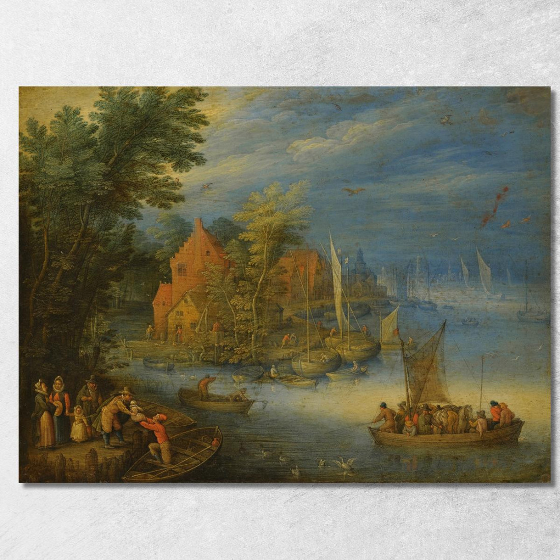 Una Città Sulle Rive Di Un Ampio Fiume Con Un Traghetto Carico Che Si Avvicina Alla Riva In Primo Piano Jan Brueghel the Younge Una Città Sulle Rive Di Un Ampio Fiume Con Un Traghetto Carico Che Si Avvicina Alla Riva In Primo Piano Jan Brueghel the Younge