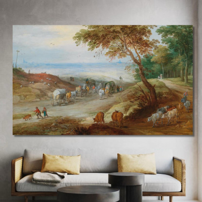 Ampio Paesaggio Collinare Con Viaggiatori Su Un Sentiero E Bestiame In Primo Piano Jan Brueghel the Younger jby13 quadro stampa