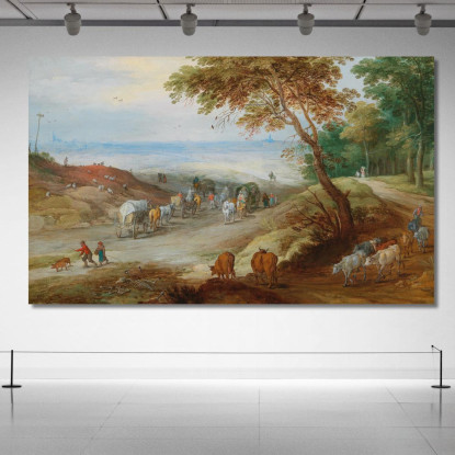Ampio Paesaggio Collinare Con Viaggiatori Su Un Sentiero E Bestiame In Primo Piano Jan Brueghel the Younger jby13 quadro stampa