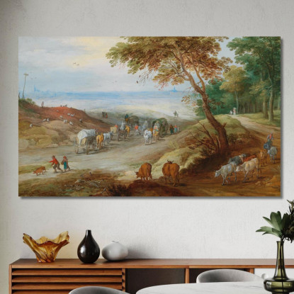 Ampio Paesaggio Collinare Con Viaggiatori Su Un Sentiero E Bestiame In Primo Piano Jan Brueghel the Younger jby13 quadro stampa