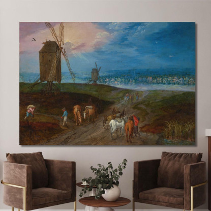Ampio Paesaggio Con Viaggiatori Davanti A Un Mulino A Vento Jan Brueghel the Younger jby14 quadro stampato su tela
