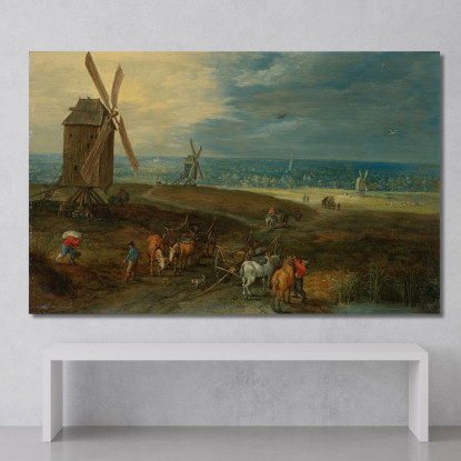 Ampio Paesaggio Con Viaggiatori Davanti A Un Mulino A Vento Jan Brueghel the Younger jby15 quadro stampato su tela
