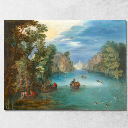Paesaggio Fluviale Animato Da Personaggi Jan Brueghel the Younger jby32 quadro stampato su tela