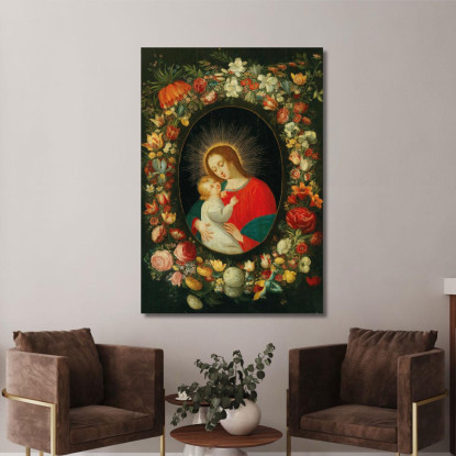 La Vergine Con Il Bambino In Un Cartiglio Circondato Da Una Ghirlanda Di Fiori Jan Brueghel the Younger jby41 quadro stampato s