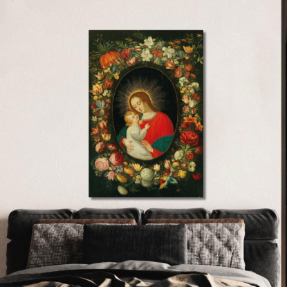 La Vergine Con Il Bambino In Un Cartiglio Circondato Da Una Ghirlanda Di Fiori Jan Brueghel the Younger jby41 quadro stampato s