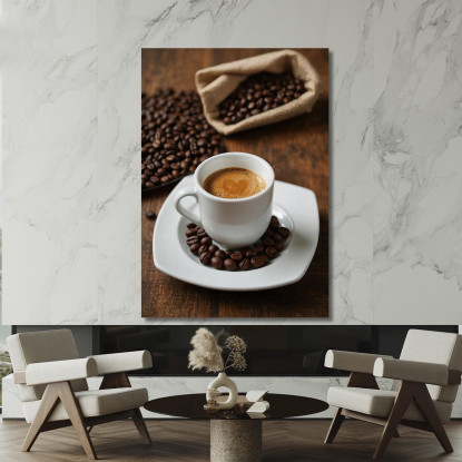 Modern Painting Espresso Cup With Coffee Beans On Wooden Table canvas print
