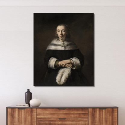 Ritratto Di Dama Con Ventaglio Di Piume Di Struzzo Rembrandt van Rijn rvr124 quadro stampato su tela