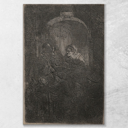 Una Donna Davanti A Una Porta Parla Con Un Uomo E I Bambini Il Maestro Rembrandt van Rijn rvr267 quadro stampato su tela