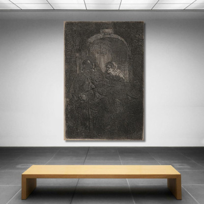 Una Donna Davanti A Una Porta Parla Con Un Uomo E I Bambini Il Maestro Rembrandt van Rijn rvr267 quadro stampato su tela
