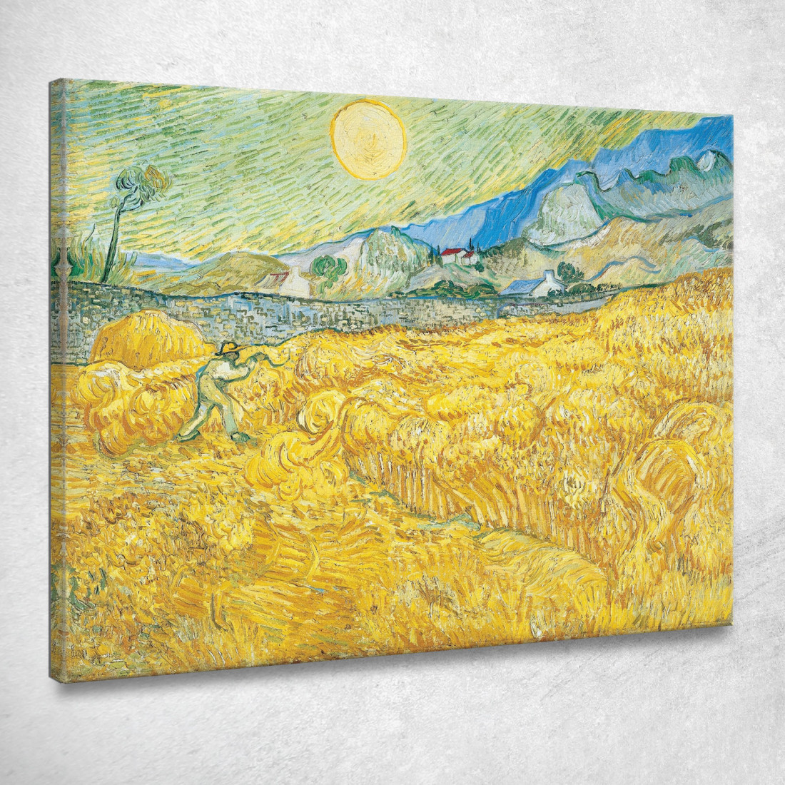 Campo Di Grano Dietro L'Ospedale Saint-Paul Con Un Mietitore Vincent van Gogh vvg337 quadro stampato su tela Campo Di Grano Dietro L'Ospedale Saint-Paul Con Un Mietitore Vincent van Gogh vvg337 quadro stampato su tela