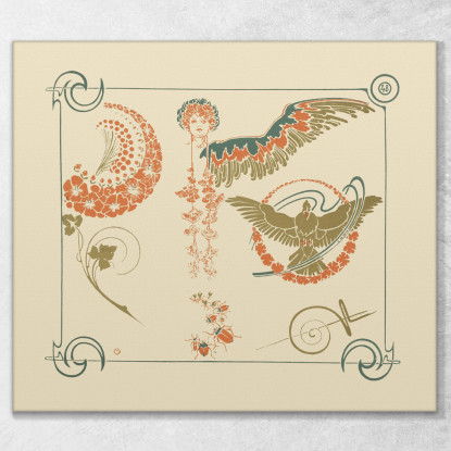Disegno Astratto Basato Su Fiori Angeli Uccelli Scarafaggi Alphonse Mucha amu7 quadro stampato su tela