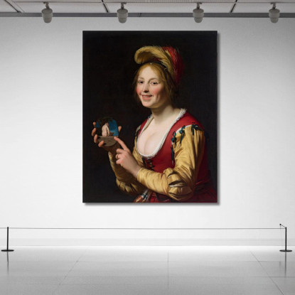 Ragazza Sorridente Una Cortigiana Che Tiene Un'Immagine Oscena Gerard van Honthorst gvh44 quadro stampato su tela