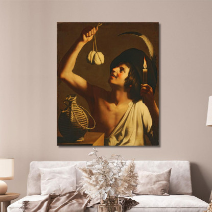 Un Giovane Con In Mano Una Candela Accesa E Una Scamorza Con Accanto Una Bottiglia Di Fiasco Gerard van Honthorst quadro stampat