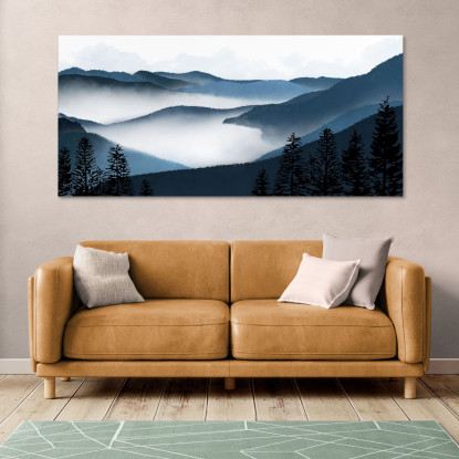 Quadro Paesaggio Astratto Arte Paesaggio Montuoso Nebbioso Con Foresta E Colline Blu abl5 quadro stampato su tela