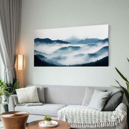 Quadro Paesaggio Astratto Montagna Nebbiosa Con Colline Blu E Foresta abl17 quadro stampato su tela