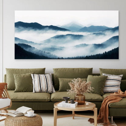 Quadro Paesaggio Astratto Montagna Nebbiosa Con Colline Blu E Foresta abl17 quadro stampato su tela