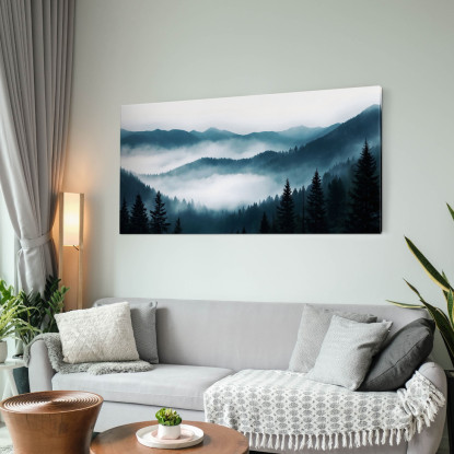 Quadro Paesaggio Astratto Montagna Nebbiosa Foresta Di Pini Scenario Blu E Bianco abl19 quadro stampato su tela