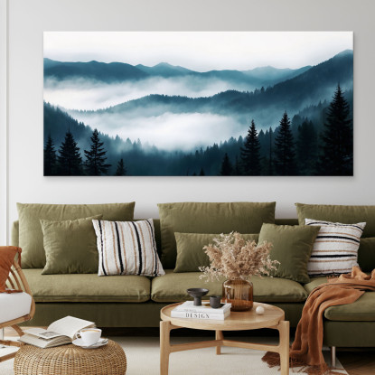 Quadro Paesaggio Astratto Montagna Nebbiosa Foresta Di Pini Scenario Blu E Bianco abl19 quadro stampato su tela