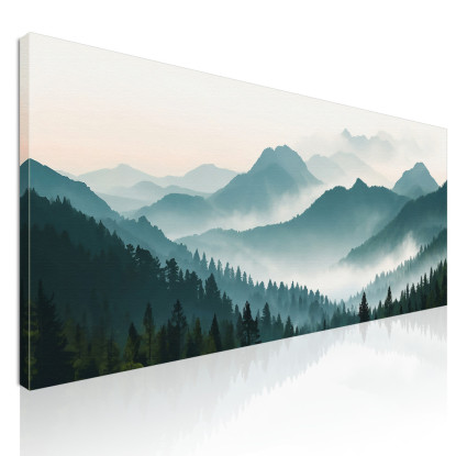 Quadro Paesaggio Astratto Montagne Nebbiose Con Foresta Verde E Cielo Chiaro abl21 quadro stampato su tela