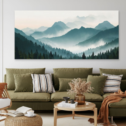 Quadro Paesaggio Astratto Montagne Nebbiose Con Foresta Verde E Cielo Chiaro abl21 quadro stampato su tela