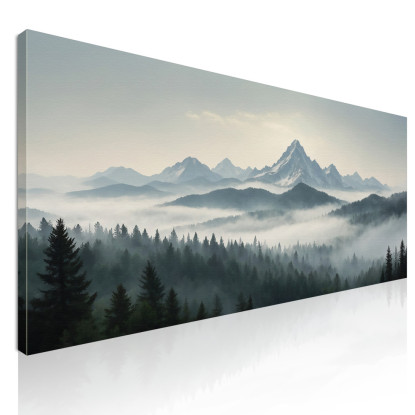 Quadro Paesaggio Astratto Paesaggio Di Montagna Nebbioso Con Vette Innevate E Foresta Verde abl24 quadro stampato su tela