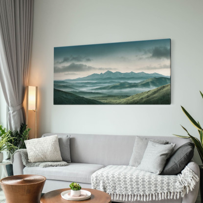 Quadro Paesaggio Astratto Paesaggio Montuoso Nebbioso Con Colline Verdi E Cielo Nuvoloso abl32 quadro stampato su tela