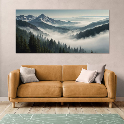 Quadro Paesaggio Astratto Paesaggio Montuoso Nebbioso Con Vette Innevate E Foresta Verde abl37 quadro stampato su tela