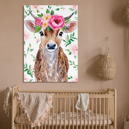 Quadro Per Nursery Decorazione Cameretta Mucca Dolce Con Corona Di Peonie bana1 quadro stampato su tela