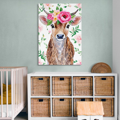 Quadro Per Nursery Decorazione Cameretta Mucca Dolce Con Corona Di Peonie bana1 quadro stampato su tela